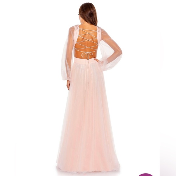 Mac Duggal 70174 TULLE SHEER LONG SLEEVE CUT OUT LACE UP A LINE GOWN NWT - Picture 3 of 17